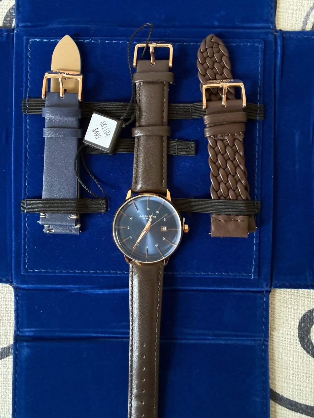 Akribos XXIV AK1104 Men’s Watch Blue Dial Rose Gold Tone 3 Leather Straps New